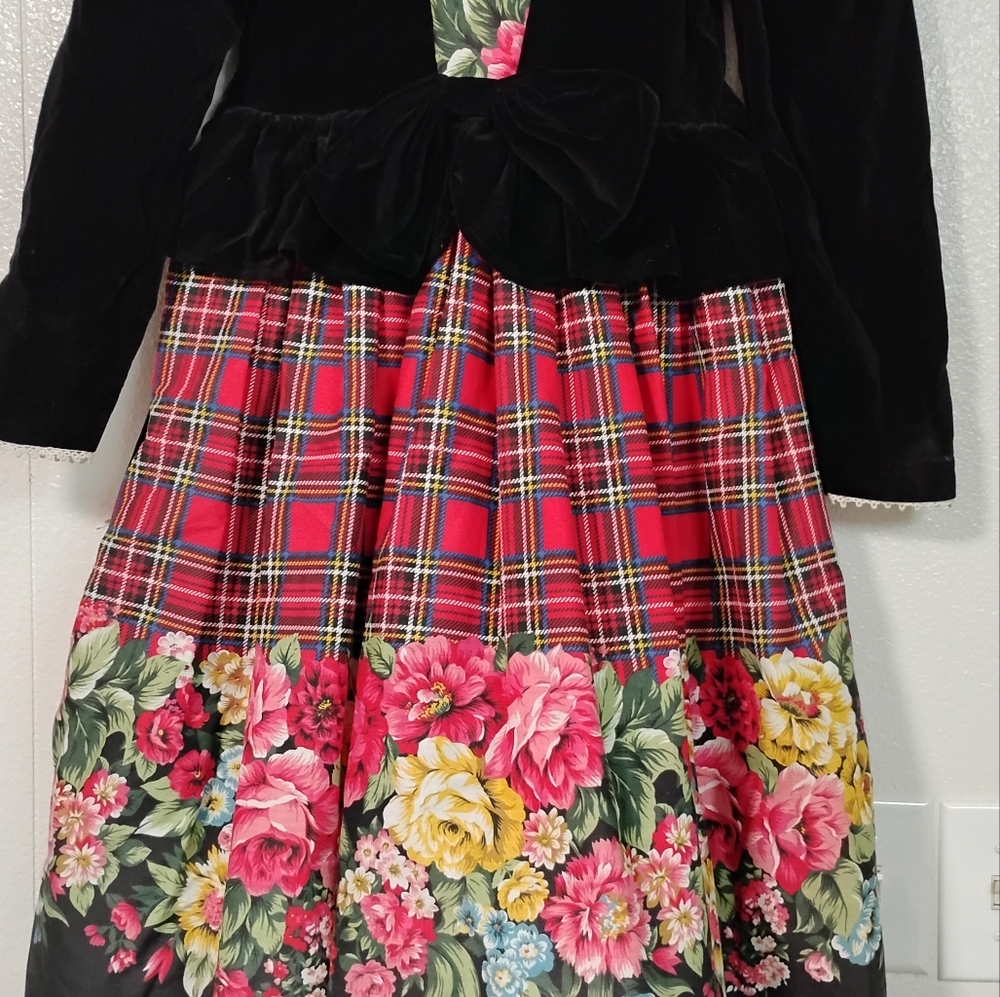 Daisy Kingdom Vintage 90s 80s Dress Girls Sz 8 Plaid Floral Velvet Holiday Poof